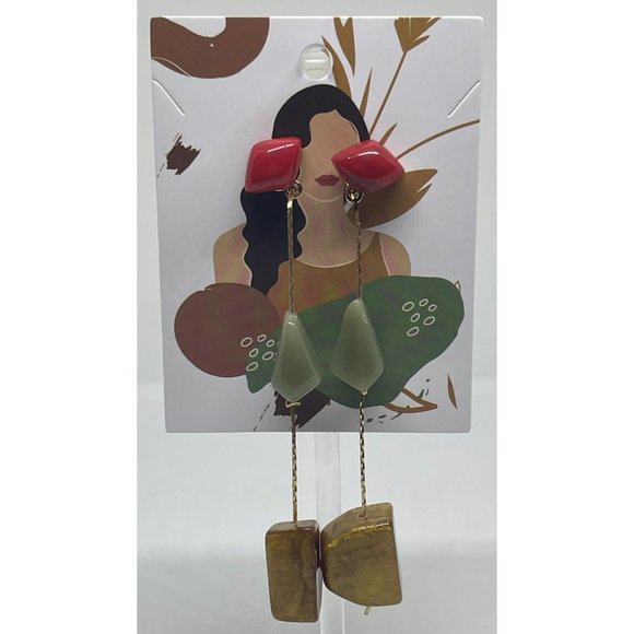 "Tiger Eye" Multicolor Acrylic Stone Long Earrings - Picture 2 of 2